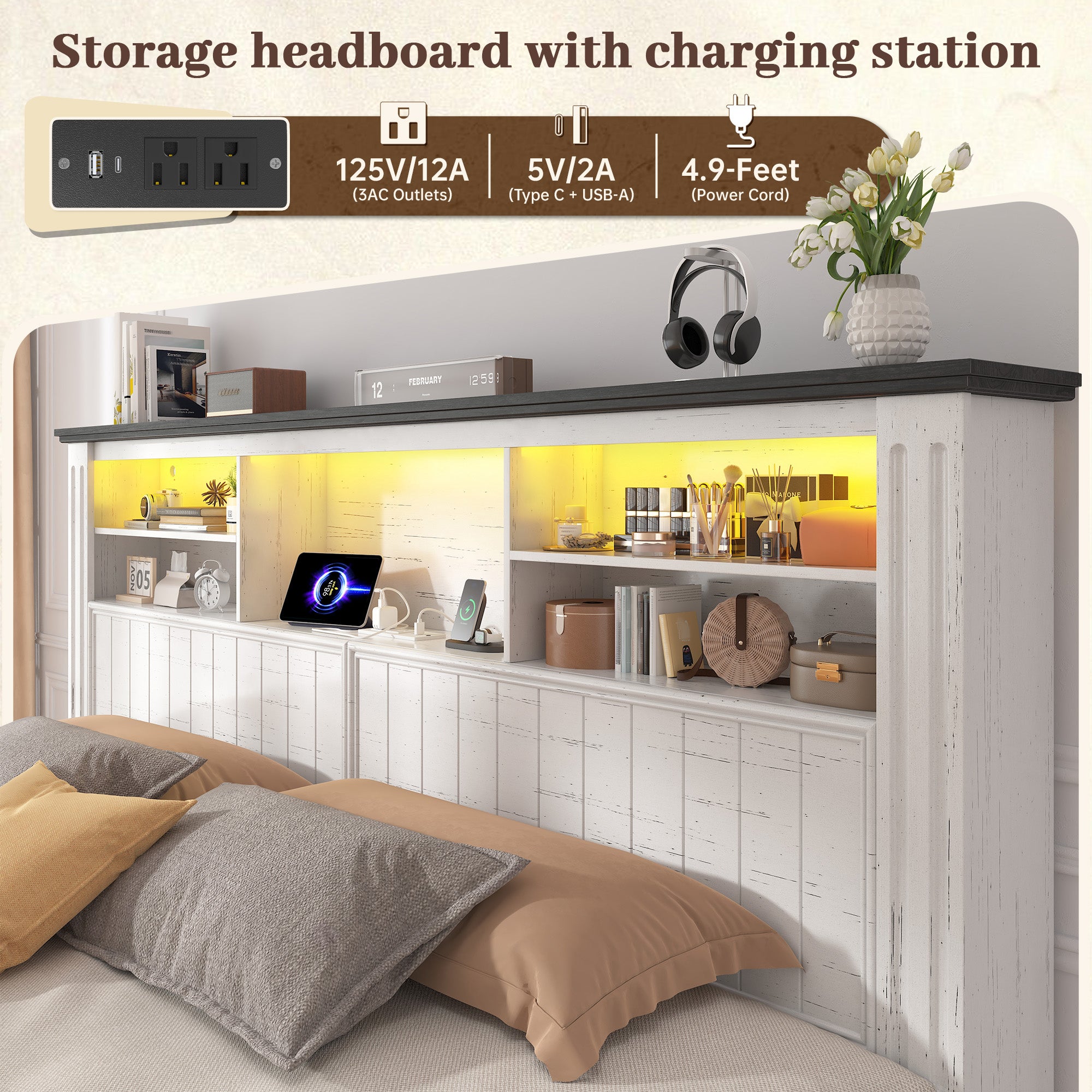 Snhomee Heavy Duty Bed Frame with Storage - 900LB Capacity Platform Bed, LED Headboard & Charging Station, 4 Underbed Drawers, No Box Spring Needed, Farmhouse