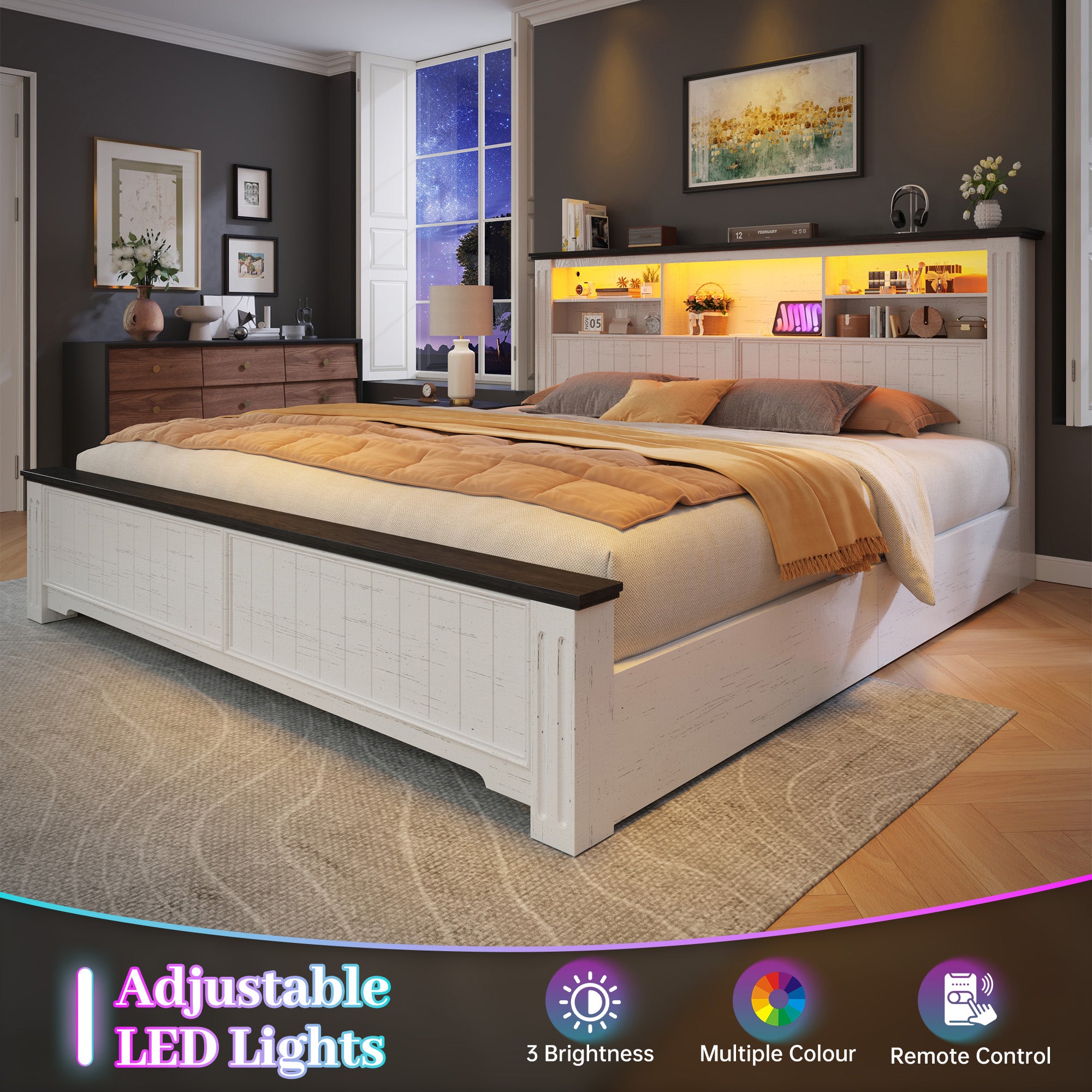 Snhomee Heavy Duty Bed Frame with Storage - 900LB Capacity Platform Bed, LED Headboard & Charging Station, 4 Underbed Drawers, No Box Spring Needed, Farmhouse