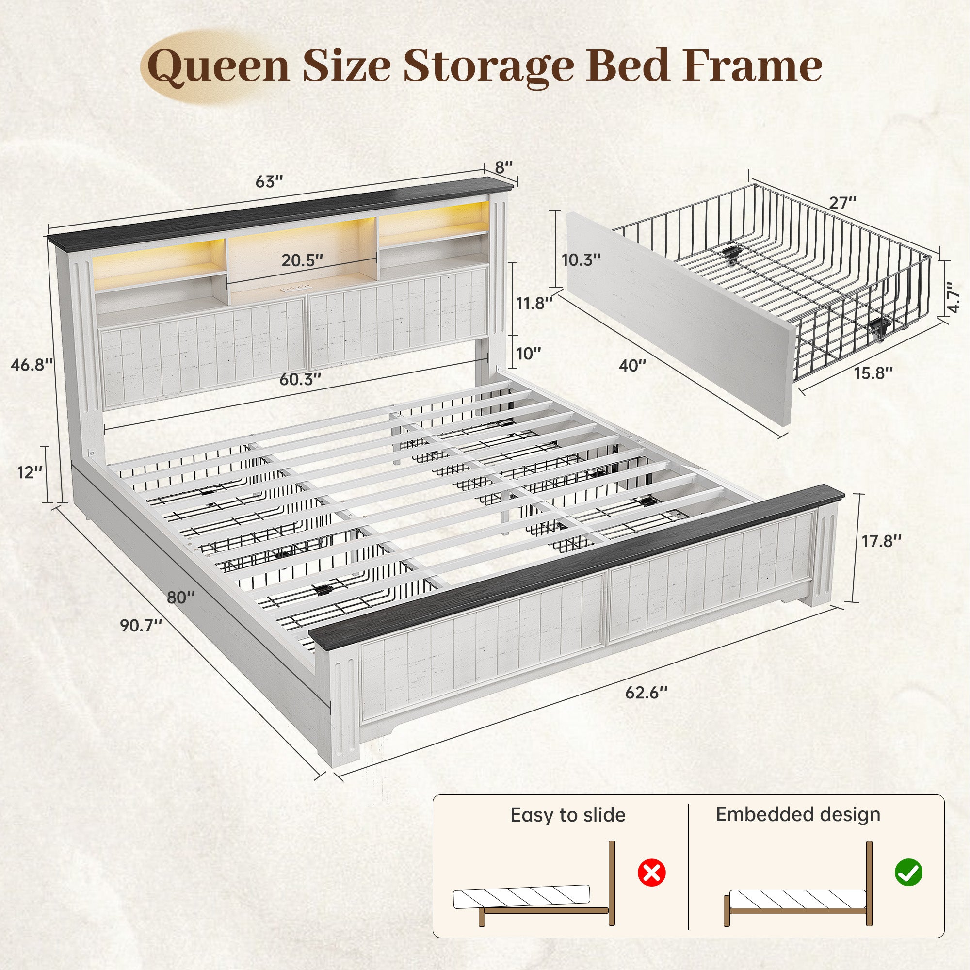 Snhomee Heavy Duty Bed Frame with Storage - 900LB Capacity Platform Bed, LED Headboard & Charging Station, 4 Underbed Drawers, No Box Spring Needed, Farmhouse