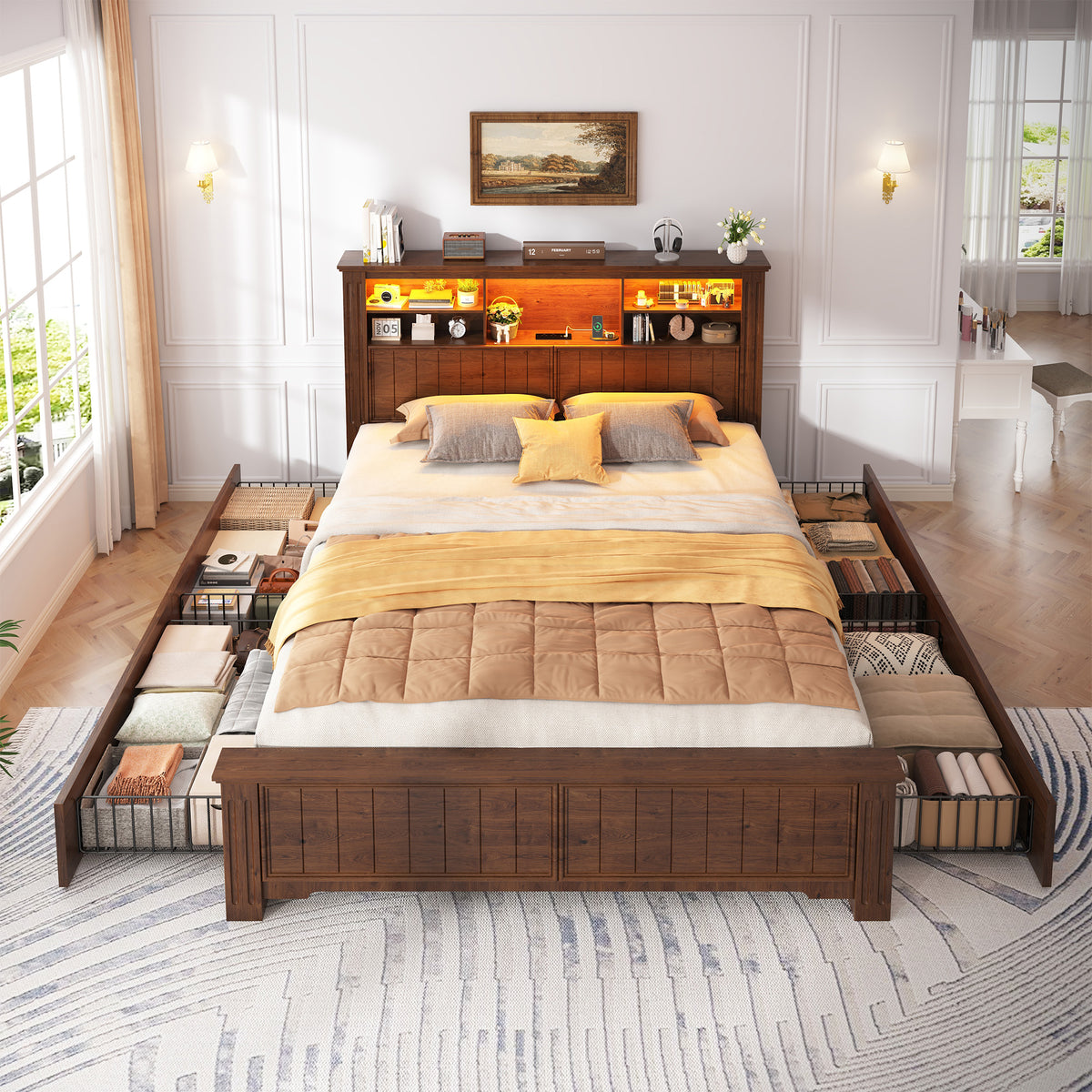 Snhomee Heavy Duty Bed Frame with Storage - 900LB Capacity Platform Bed, LED Headboard & Charging Station, 4 Underbed Drawers, No Box Spring Needed, Farmhouse