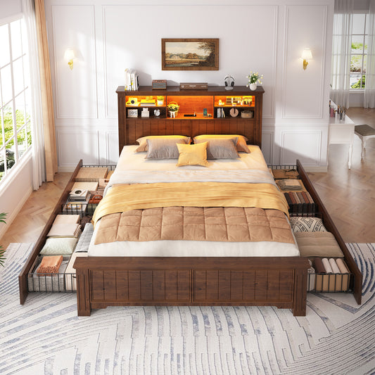 Snhomee Heavy Duty Bed Frame with Storage - 900LB Capacity Platform Bed, LED Headboard & Charging Station, 4 Underbed Drawers, No Box Spring Needed, Farmhouse 2000