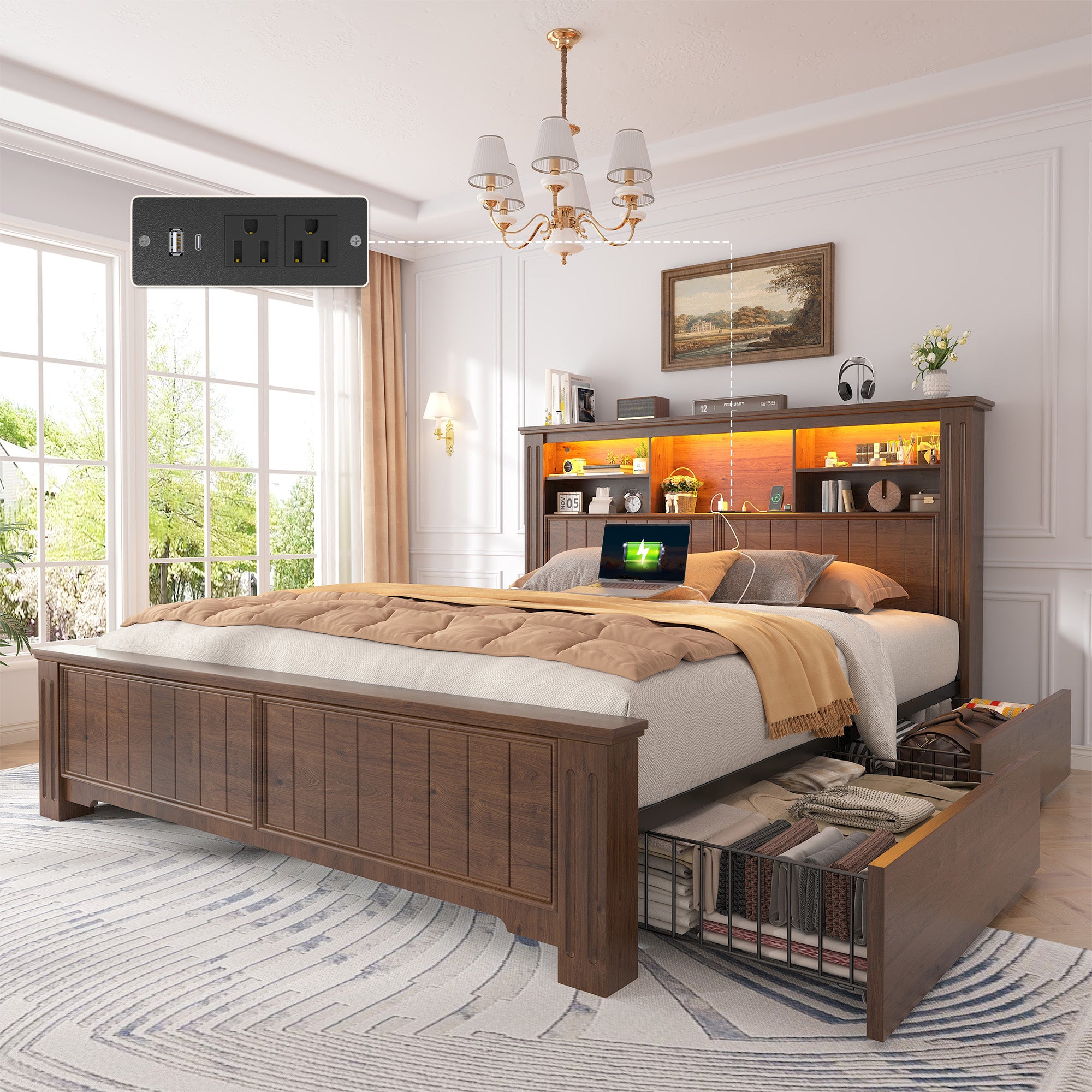 Snhomee Heavy Duty Bed Frame with Storage - 900LB Capacity Platform Bed, LED Headboard & Charging Station, 4 Underbed Drawers, No Box Spring Needed, Farmhouse