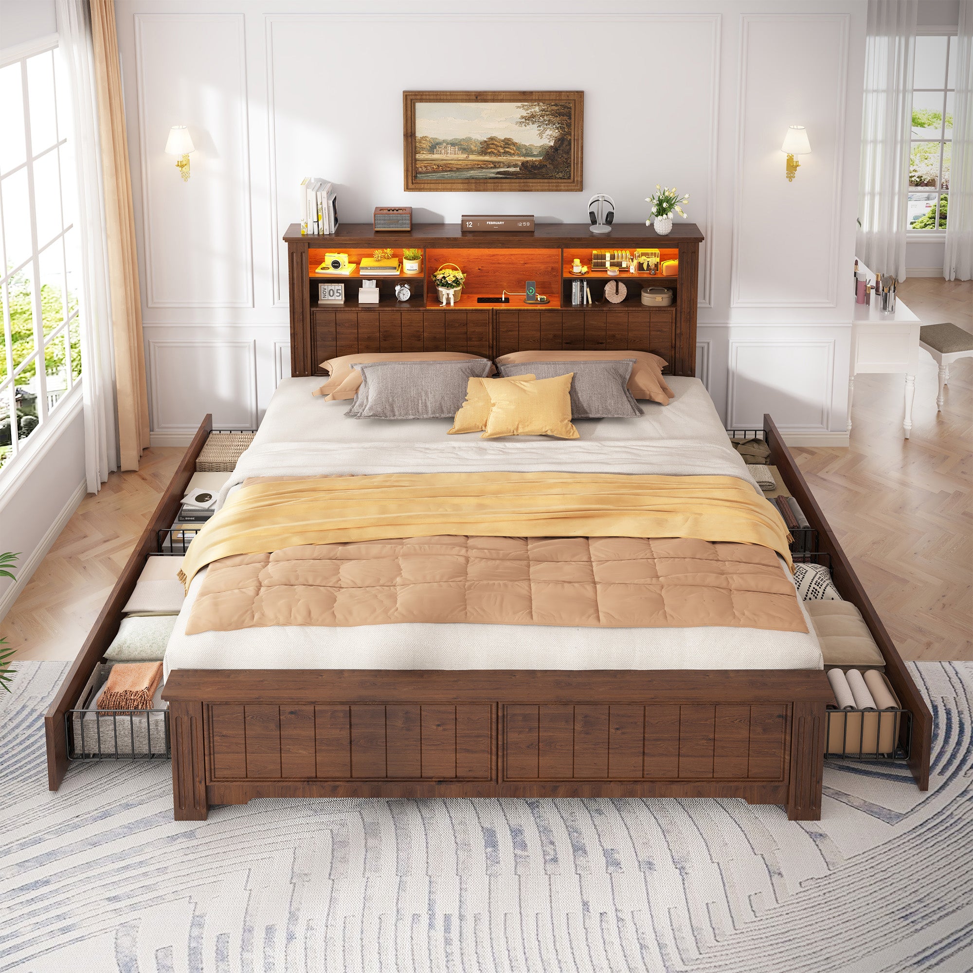 Snhomee Heavy Duty Bed Frame with Storage - 900LB Capacity Platform Bed, LED Headboard & Charging Station, 4 Underbed Drawers, No Box Spring Needed, Farmhouse
