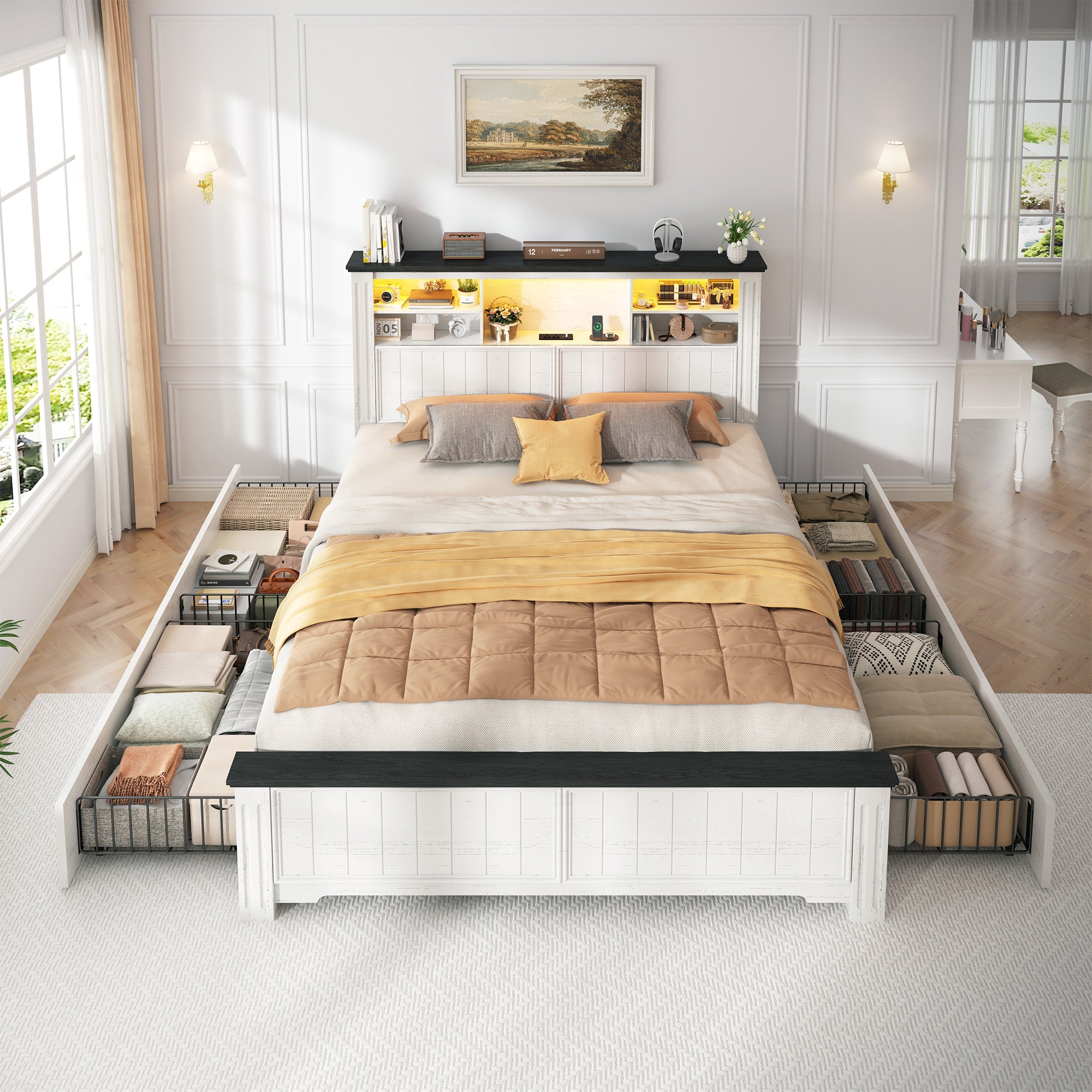 Snhomee Heavy Duty Bed Frame with Storage - 900LB Capacity Platform Bed, LED Headboard & Charging Station, 4 Underbed Drawers, No Box Spring Needed, Farmhouse