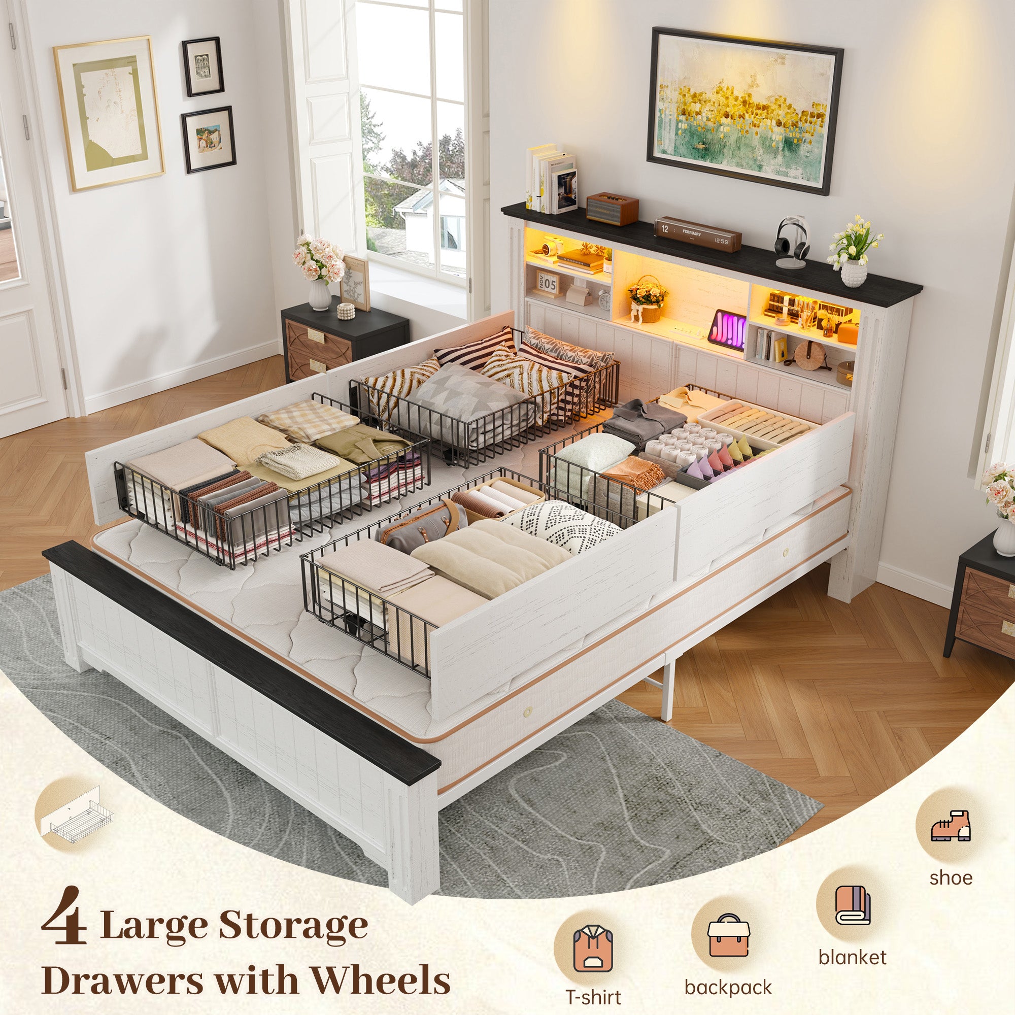 Snhomee Heavy Duty Bed Frame with Storage - 900LB Capacity Platform Bed, LED Headboard & Charging Station, 4 Underbed Drawers, No Box Spring Needed, Farmhouse
