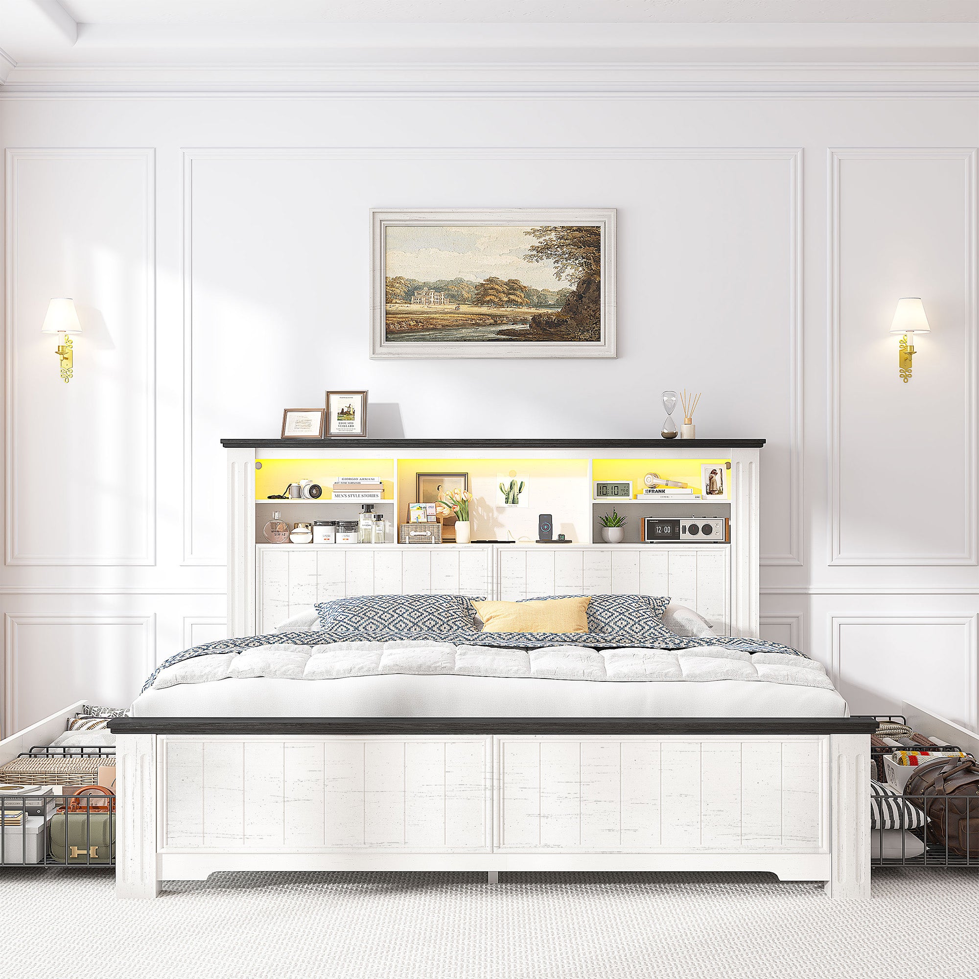 Snhomee Heavy Duty Bed Frame with Storage - 900LB Capacity Platform Bed, LED Headboard & Charging Station, 4 Underbed Drawers, No Box Spring Needed, Farmhouse