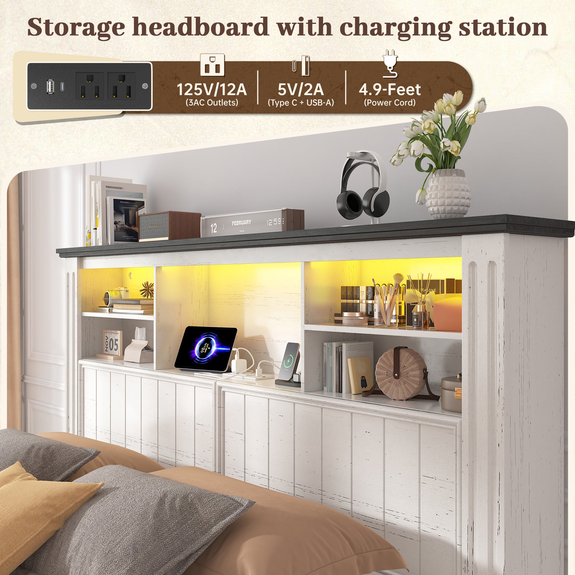 Snhomee Heavy Duty Bed Frame with Storage - 900LB Capacity Platform Bed, LED Headboard & Charging Station, 4 Underbed Drawers, No Box Spring Needed, Farmhouse