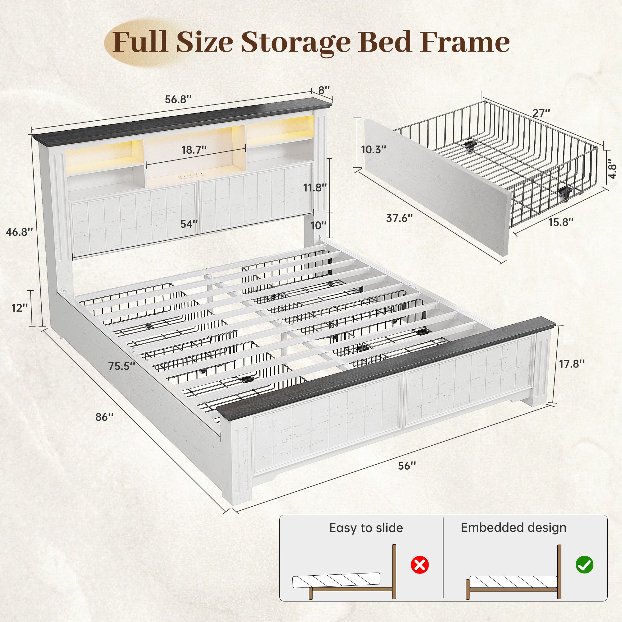 Snhomee Heavy Duty Bed Frame with Storage - 900LB Capacity Platform Bed, LED Headboard & Charging Station, 4 Underbed Drawers, No Box Spring Needed, Farmhouse