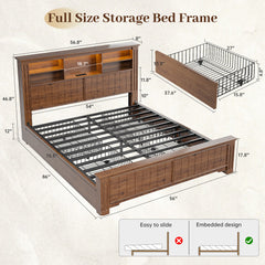 Snhomee Heavy Duty Bed Frame with Storage - 900LB Capacity Platform Bed, LED Headboard & Charging Station, 4 Underbed Drawers, No Box Spring Needed, Farmhouse