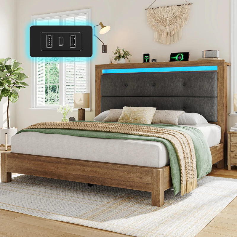 Snhomee LED Bed with Charging Station, Upholstered Storage Headboard and Solid Wooden Slats, Heavy Duty Platform Bed Frame, No Box Spring Required, Noise-Free & Easy Assembly