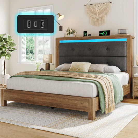 Snhomee LED Bed with Charging Station, Upholstered Storage Headboard and Solid Wooden Slats, Heavy Duty Platform Bed Frame, No Box Spring Required, Noise-Free & Easy Assembly 800