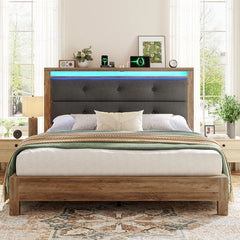 Snhomee LED Bed with Charging Station, Upholstered Storage Headboard and Solid Wooden Slats, Heavy Duty Platform Bed Frame, No Box Spring Required, Noise-Free & Easy Assembly