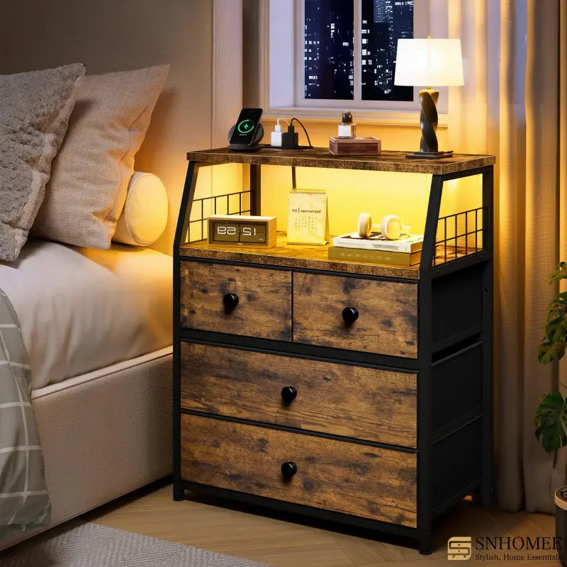 Snhomee LED Nightstands with Charging Station: 4 Fabric Drawers, USB Ports & Outlets for Bedroom