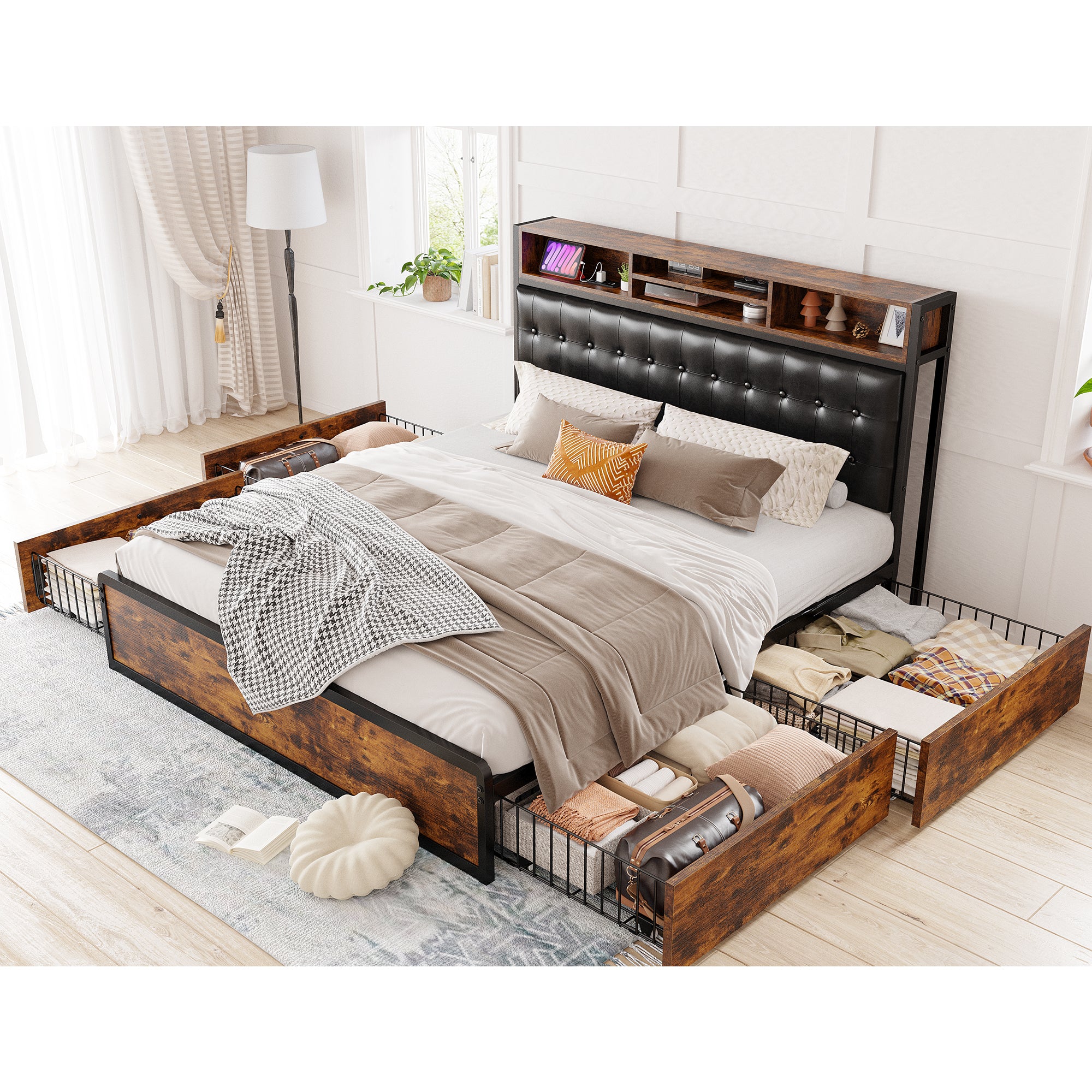 Snhomee Luxury Upholstered Bed Frame with 4 Storage Drawers & USB Charging - 1100LB Heavy Duty, Silent Design, No Box Spring Needed, Vintage Brown