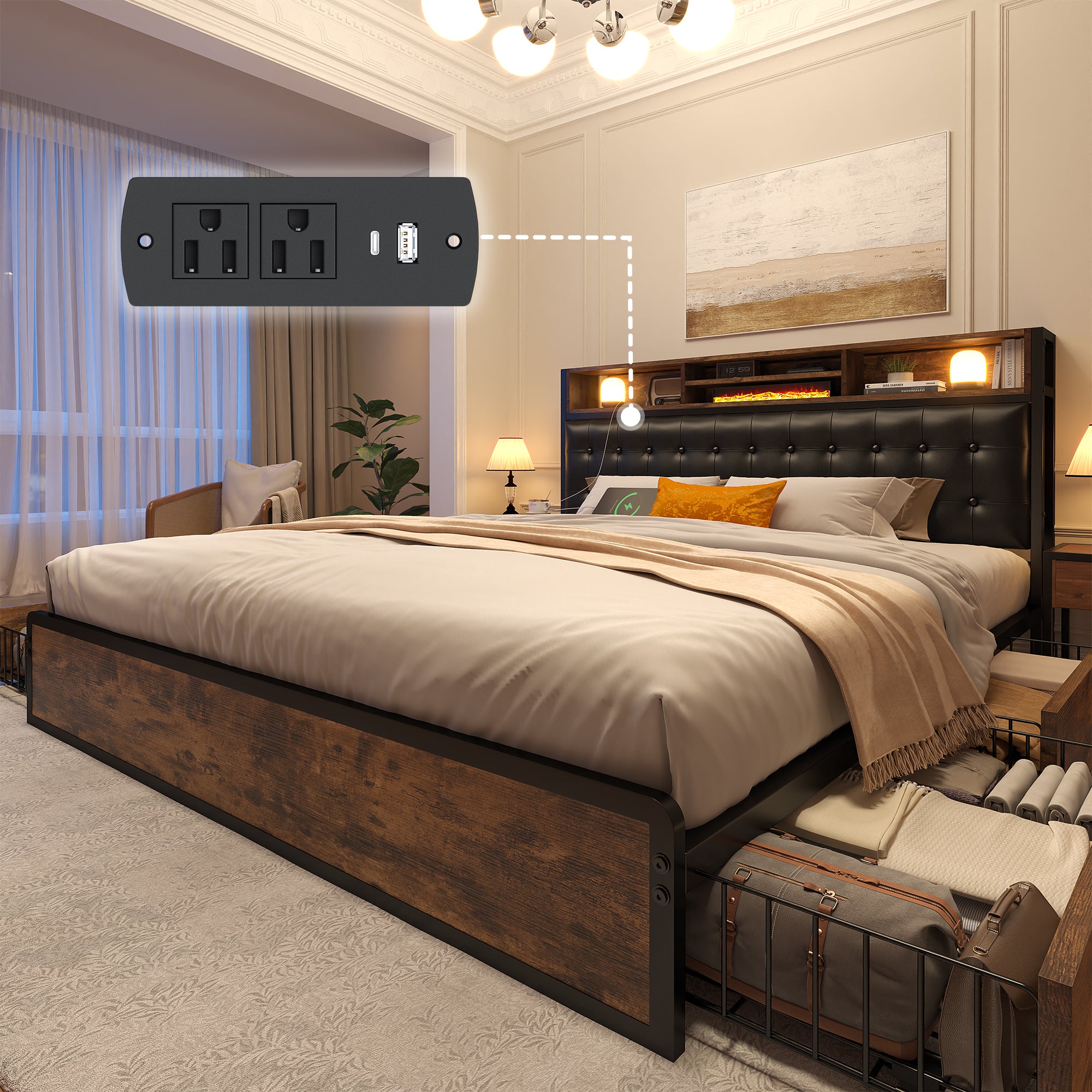Snhomee Luxury Upholstered Bed Frame with 4 Storage Drawers & USB Charging - 1100LB Heavy Duty, Silent Design, No Box Spring Needed, Vintage Brown