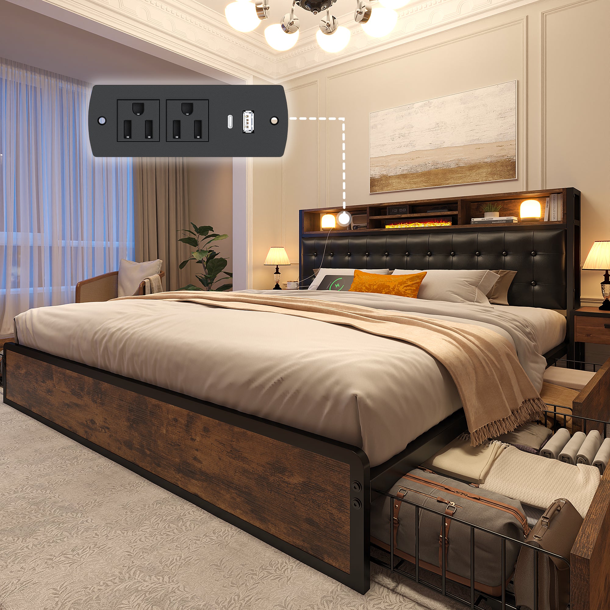 Snhomee Luxury Upholstered Bed Frame with 4 Storage Drawers & USB Charging - 1100LB Heavy Duty, Silent Design, No Box Spring Needed, Vintage Brown