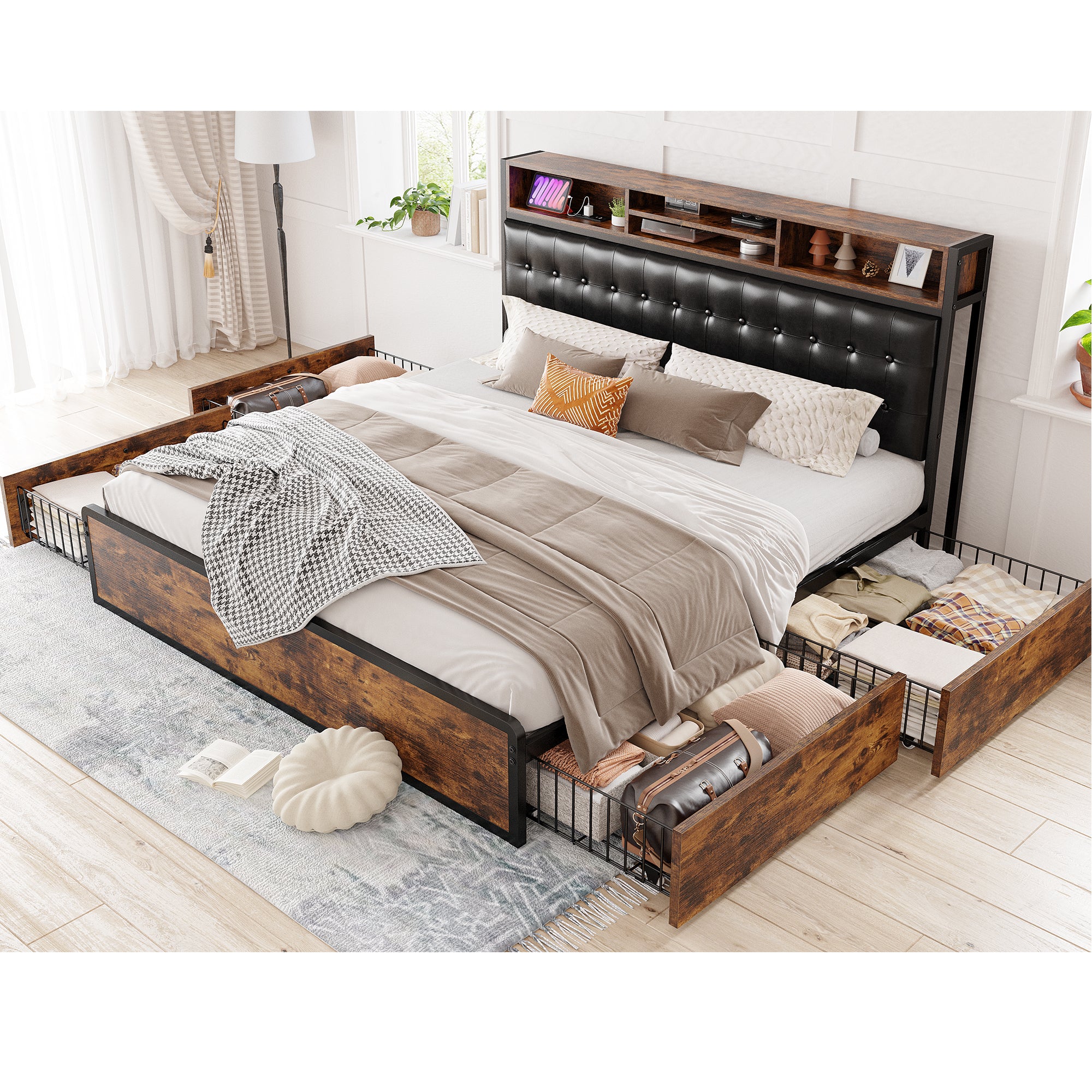 Snhomee Luxury Upholstered Bed Frame with 4 Storage Drawers & USB Charging - 1100LB Heavy Duty, Silent Design, No Box Spring Needed, Vintage Brown
