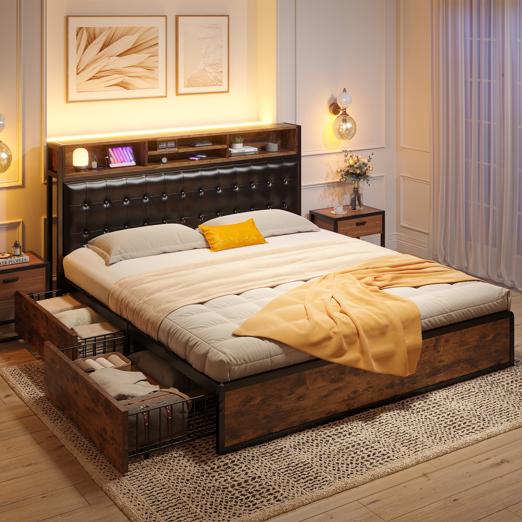 Snhomee Luxury Upholstered Bed Frame with 4 Storage Drawers & USB Charging - 1100LB Heavy Duty, Silent Design, No Box Spring Needed, Vintage Brown