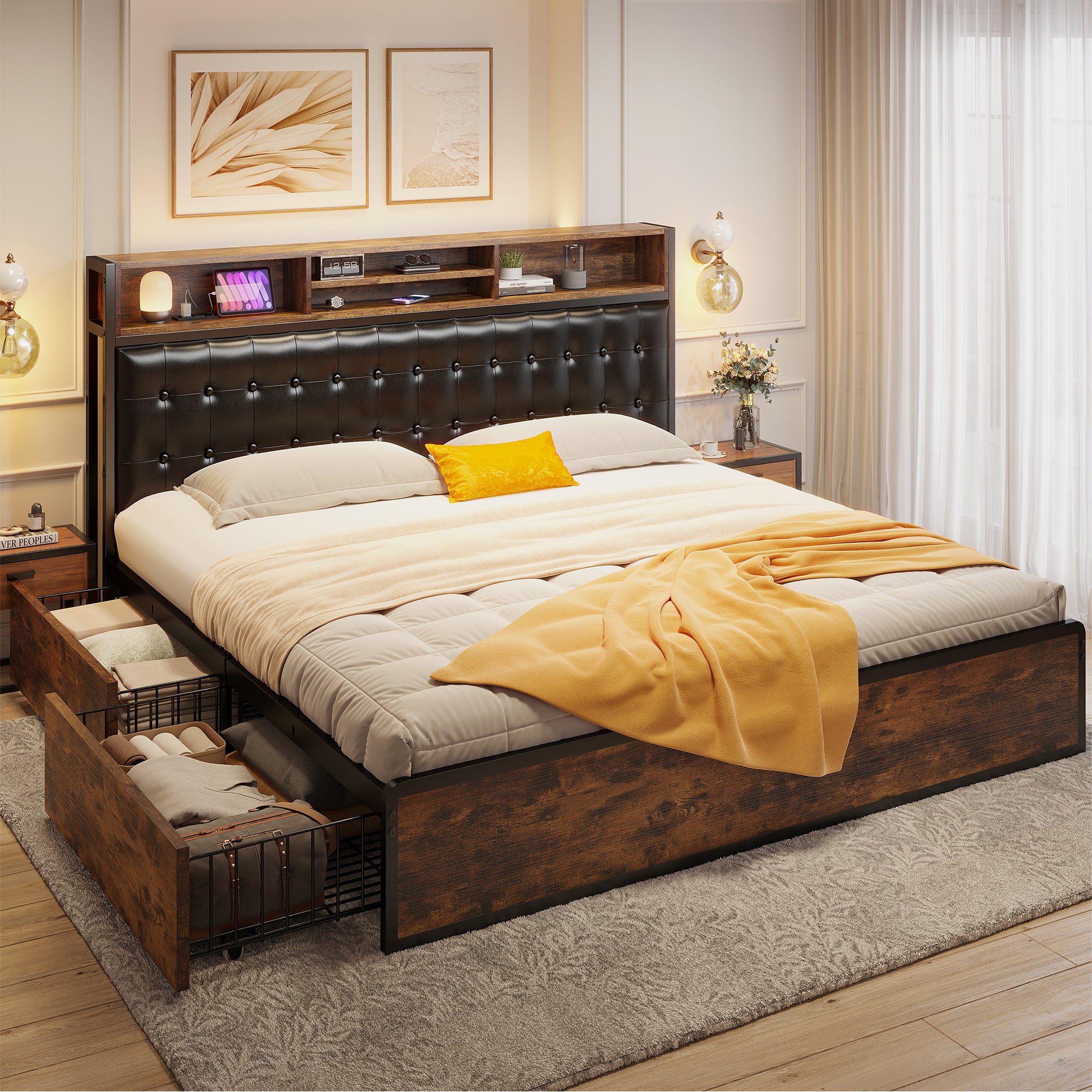 Snhomee Luxury Upholstered Bed Frame with 4 Storage Drawers & USB Charging - 1100LB Heavy Duty, Silent Design, No Box Spring Needed, Vintage Brown