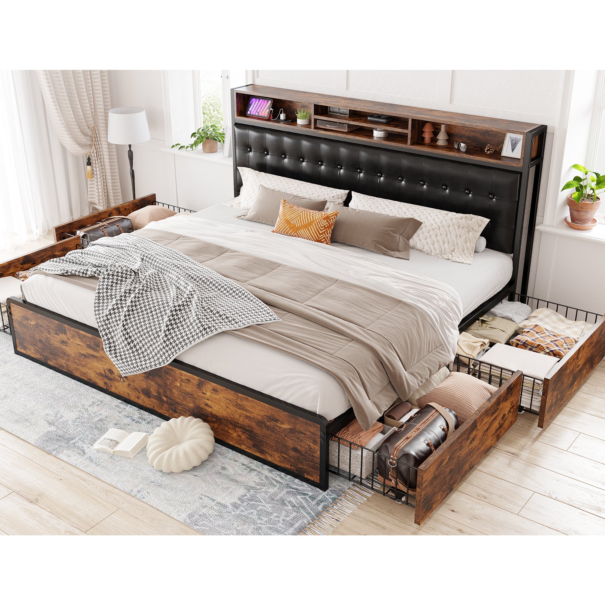 Snhomee Luxury Upholstered Bed Frame with 4 Storage Drawers & USB Charging - 1100LB Heavy Duty, Silent Design, No Box Spring Needed, Vintage Brown