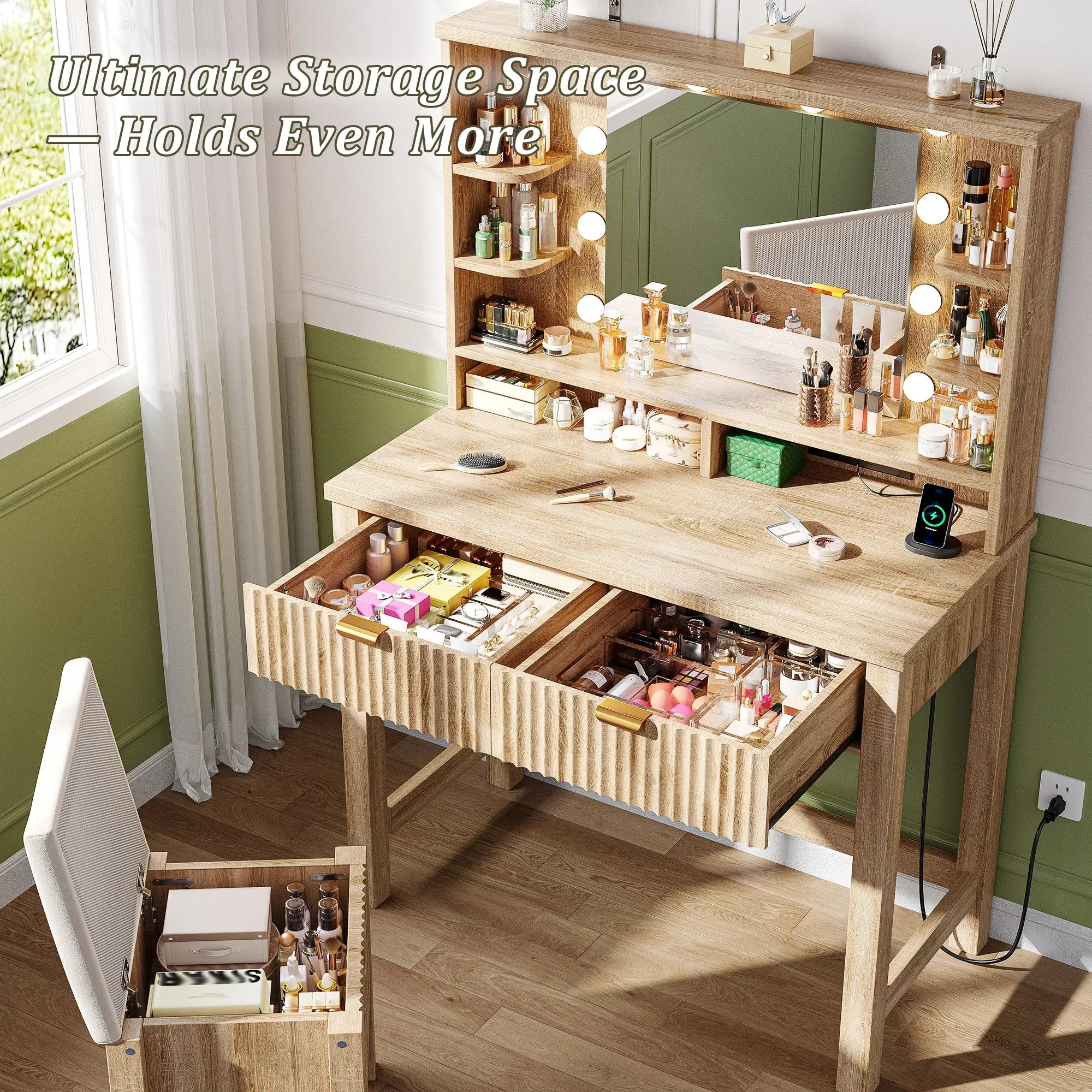 Snhomee Makeup Vanity Desk with Lighted Mirror & Charging Station, Fluted Modern Vanity with Drawers, Shelves & Storage Stool, Space-Saving for Bedroom