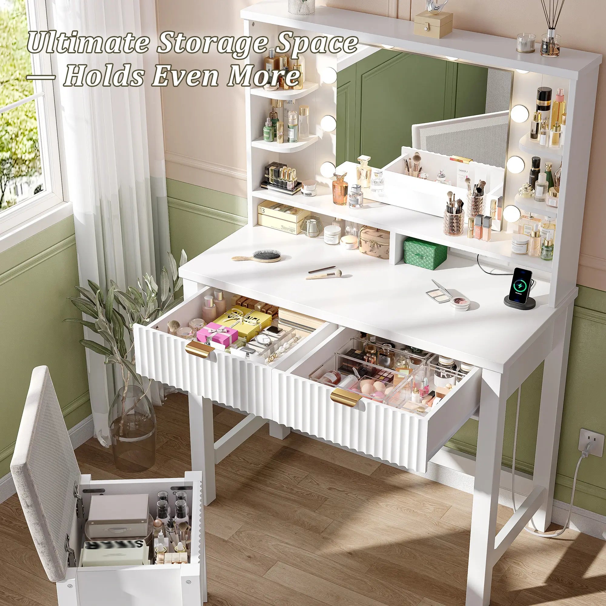 Snhomee Makeup Vanity Desk with Lighted Mirror & Charging Station, Fluted Modern Vanity with Drawers, Shelves & Storage Stool, Space-Saving for Bedroom