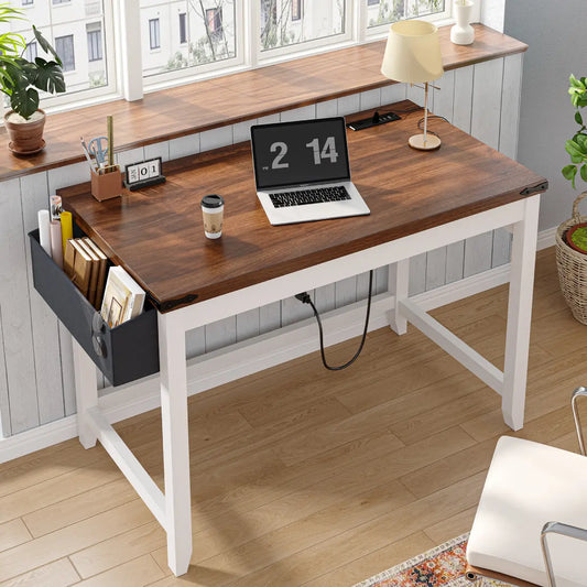 Snhomee Office Computer Desk with Power Outlet & Storage Bag, Modern Farmhouse Small Desk for Bedroom Study and Writing, Space Saving Desk for Small Spaces 1200