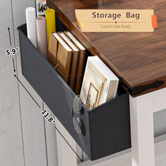 Snhomee Office Computer Desk with Power Outlet & Storage Bag, Modern Farmhouse Small Desk for Bedroom Study and Writing, Space Saving Desk for Small Spaces