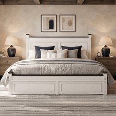 Snhomee Wood Platform Bed Frame with 2 Storage Drawers, 51.25" Statement Headboard, Modern Farmhouse Panel Design, Roman Column Accents, Reinforced Support up to 900 lbs, No Box Spring Needed