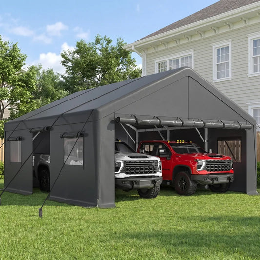 Snhomee Portable Metal Carport, 20x20 FT Garage Carports Near Me with Removable Sides, Roll-up Doors & Mesh Windows, Waterproof & UV Protected for Cars, Boats, Outdoor Storage, Party 800