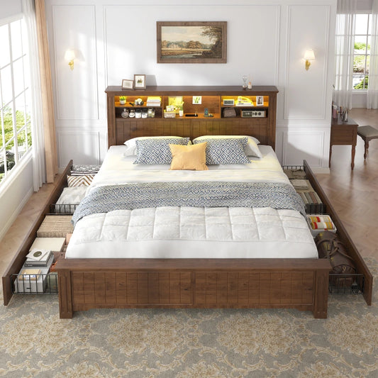 Snhomee Queen Size Bed Frame with LED Headboard & Storage - 900LB Capacity Platform Bed with Charging Station & 4 Underbed Drawers, No Box Spring Needed, Farmhouse 800