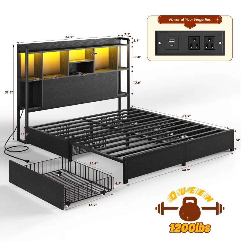 Snhomee Storage Bed Frame with LED Headboard & USB Charging, Platform Bed with 4 Storage Drawer, 1200lbs Capacity, Noiseless Metal Frame
