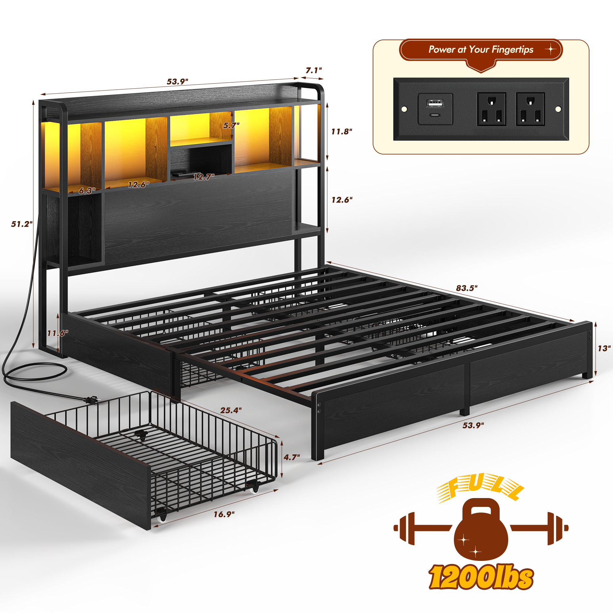Snhomee Storage Bed Frame with LED Headboard & USB Charging, Platform Bed with 4 Storage Drawer, 1200lbs Capacity, Noiseless Metal Frame