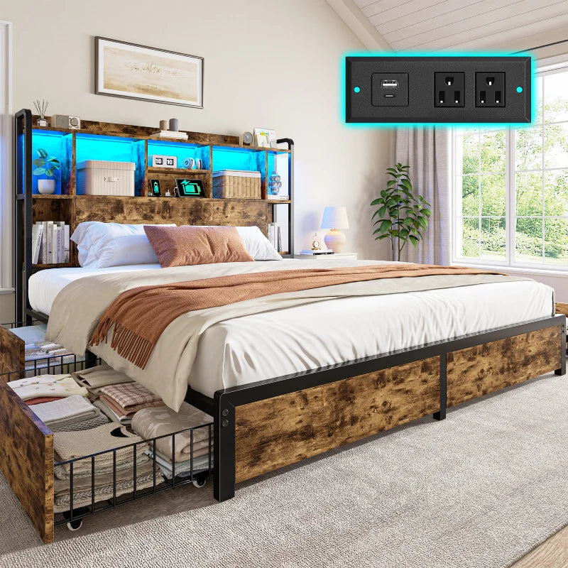 Snhomee Storage Bed Frame with LED Headboard & USB Charging, Platform Bed with 4 Storage Drawer, 1200lbs Capacity, Noiseless Metal Frame