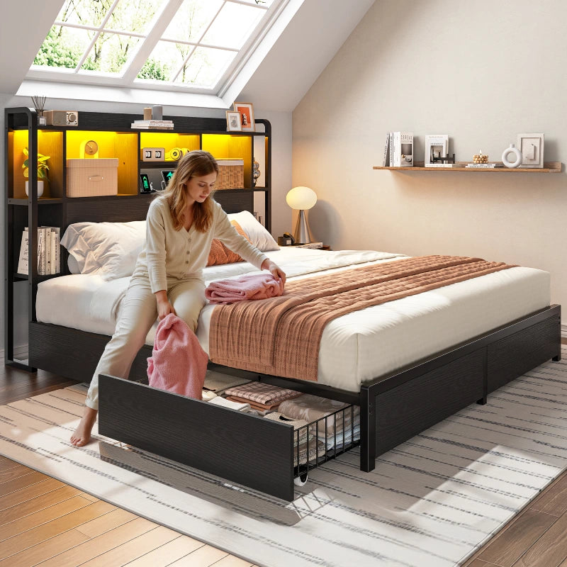 Snhomee Storage Bed Frame with LED Headboard & USB Charging, Platform Bed with 4 Storage Drawer, 1200lbs Capacity, Noiseless Metal Frame
