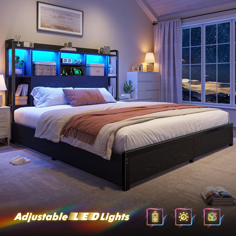 Snhomee Storage Bed Frame with LED Headboard & USB Charging, Platform Bed with 4 Storage Drawer, 1200lbs Capacity, Noiseless Metal Frame