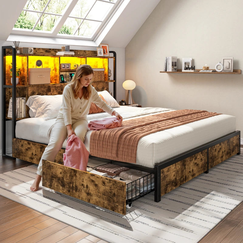 Snhomee Storage Bed Frame with LED Headboard & USB Charging, Platform Bed with 4 Storage Drawer, 1200lbs Capacity, Noiseless Metal Frame