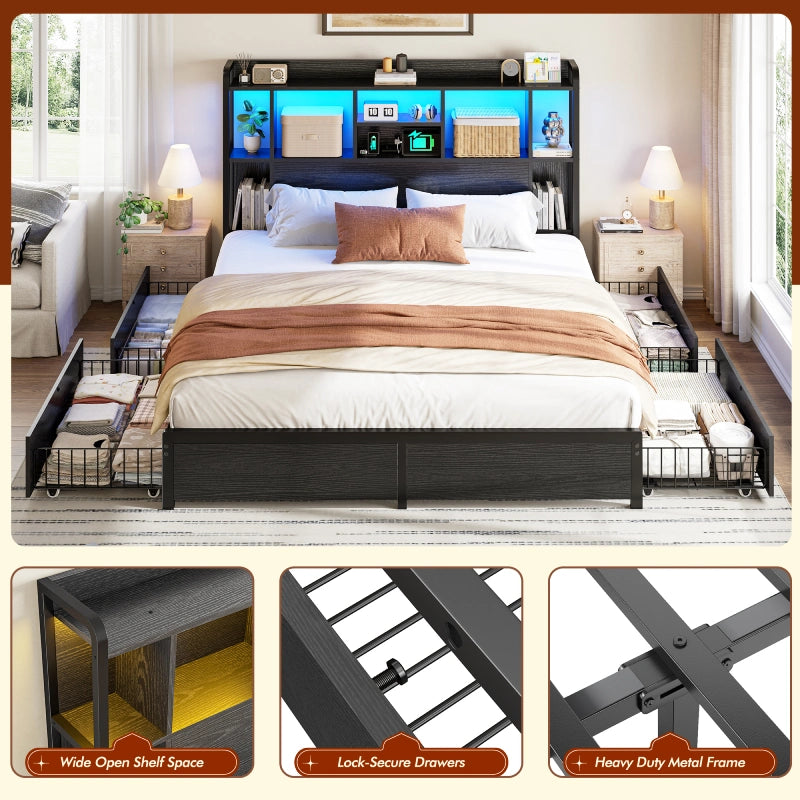 Snhomee Storage Bed Frame with LED Headboard & USB Charging, Platform Bed with 4 Storage Drawer, 1200lbs Capacity, Noiseless Metal Frame