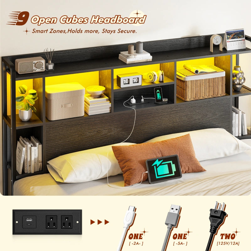 Snhomee Storage Bed Frame with LED Headboard & USB Charging, Platform Bed with 4 Storage Drawer, 1200lbs Capacity, Noiseless Metal Frame