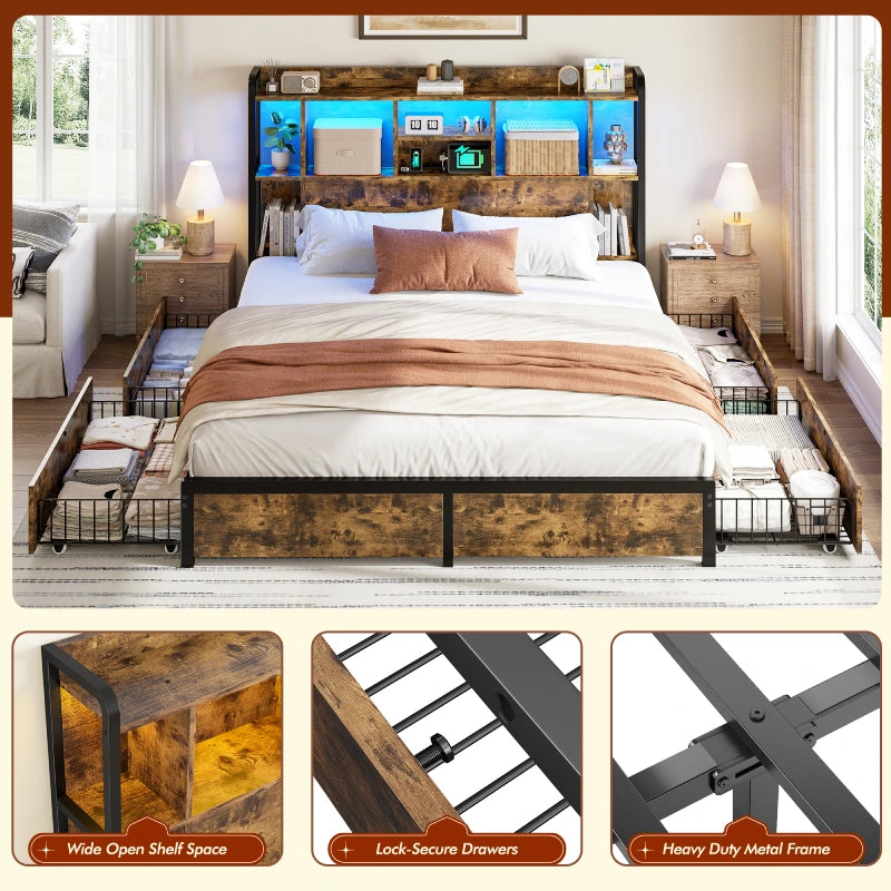 Snhomee Storage Bed Frame with LED Headboard & USB Charging, Platform Bed with 4 Storage Drawer, 1200lbs Capacity, Noiseless Metal Frame