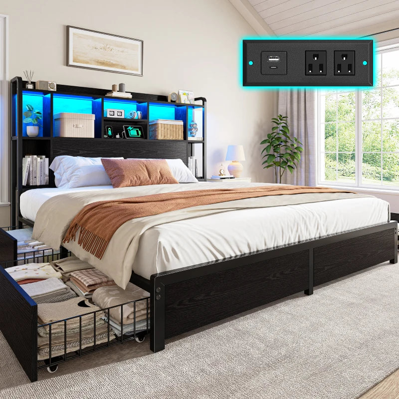 Snhomee Storage Bed Frame with LED Headboard & USB Charging, Platform Bed with 4 Storage Drawer, 1200lbs Capacity, Noiseless Metal Frame
