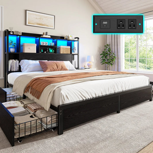 Snhomee Storage Bed Frame with LED Headboard & USB Charging, Platform Bed with 4 Storage Drawer, 1200lbs Capacity, Noiseless Metal Frame 800