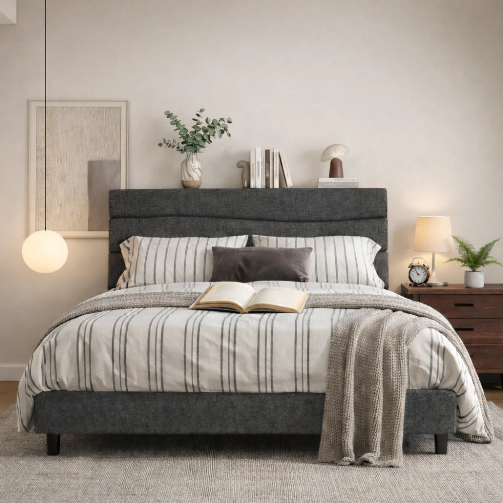 Snhomee Upholstered Bed Frame with Adjustable Headboard Shelf, USB Charging Station, Heavy Duty Wooden Slats Support, 880 lbs Capacity, Noise-Free, No Box Spring Needed, Modern Bed for Apartments
