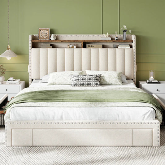 Snhomee Upholstered Bed Frame with Storage, High Weight Capacity, Noise-Free, Easy Assembly, No Box Spring Needed 800