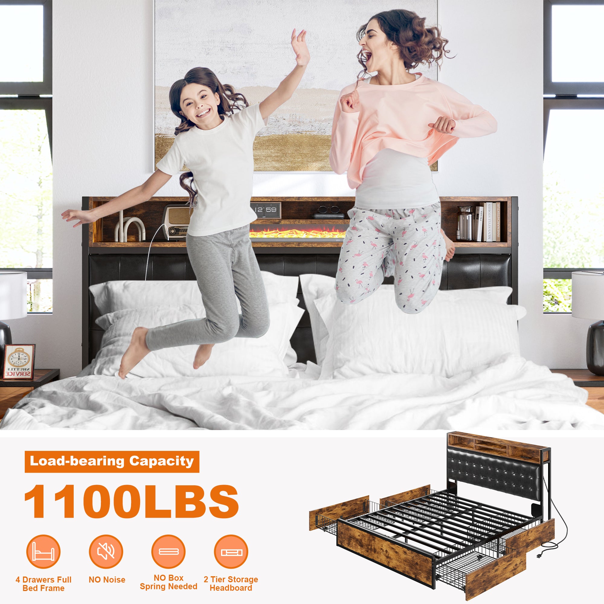 Snhomee Luxury Upholstered Bed Frame with 4 Storage Drawers & USB Charging - 1100LB Heavy Duty, Silent Design, No Box Spring Needed, Vintage Brown