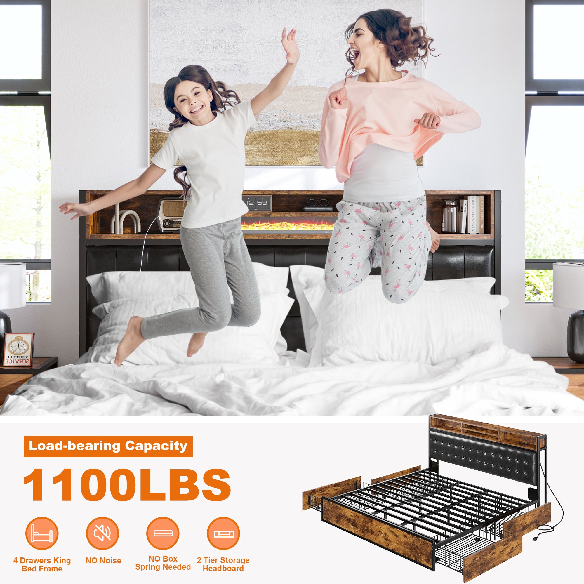 Snhomee Luxury Upholstered Bed Frame with 4 Storage Drawers & USB Charging - 1100LB Heavy Duty, Silent Design, No Box Spring Needed, Vintage Brown