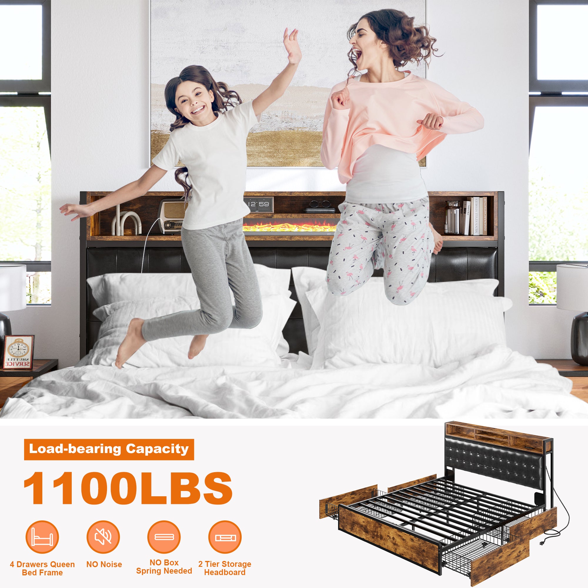 Snhomee Luxury Upholstered Bed Frame with 4 Storage Drawers & USB Charging - 1100LB Heavy Duty, Silent Design, No Box Spring Needed, Vintage Brown
