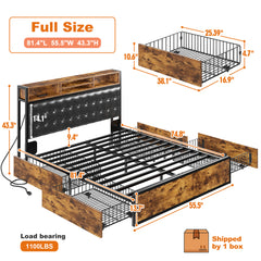 Snhomee Luxury Upholstered Bed Frame with 4 Storage Drawers & USB Charging - 1100LB Heavy Duty, Silent Design, No Box Spring Needed, Vintage Brown