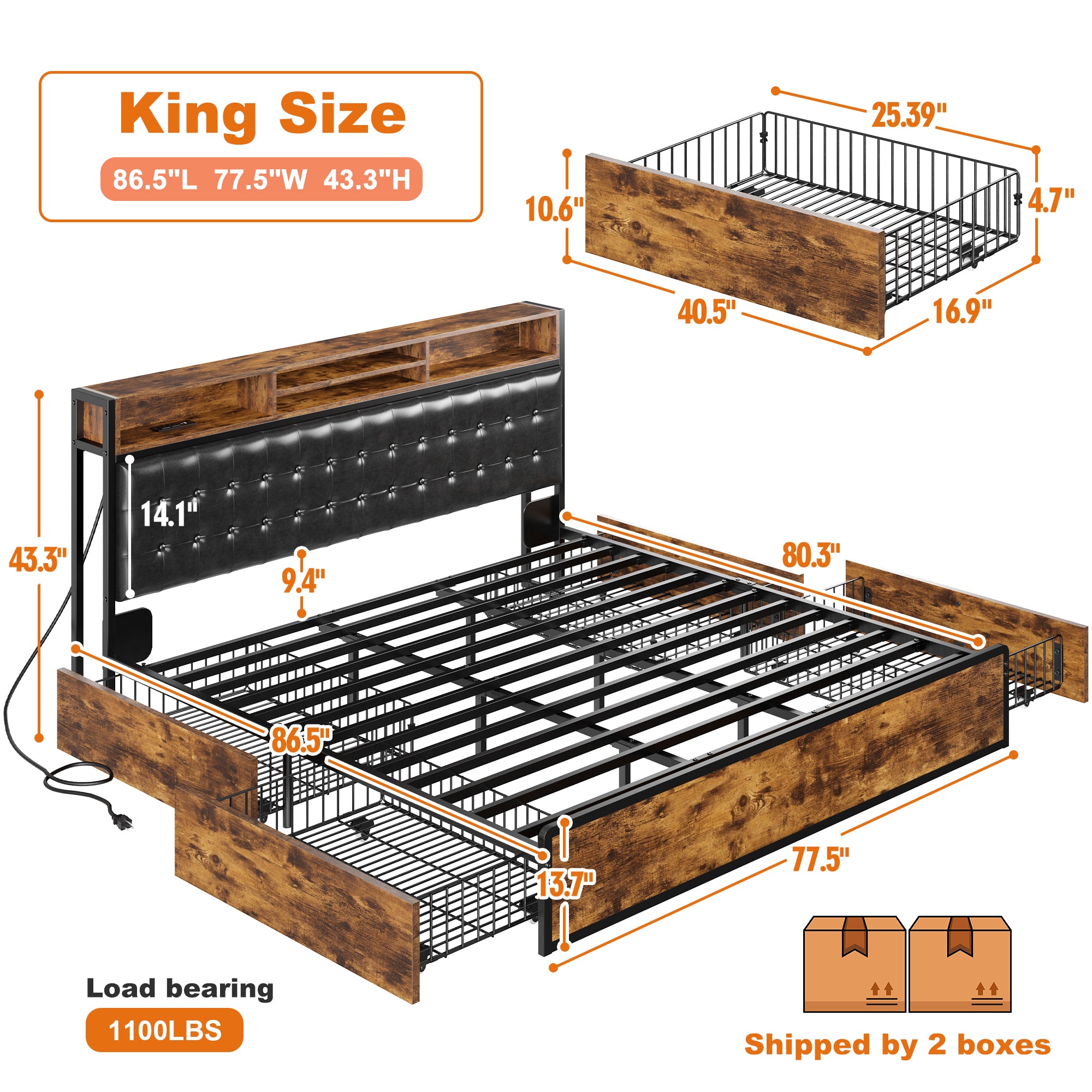 Snhomee Luxury Upholstered Bed Frame with 4 Storage Drawers & USB Charging - 1100LB Heavy Duty, Silent Design, No Box Spring Needed, Vintage Brown