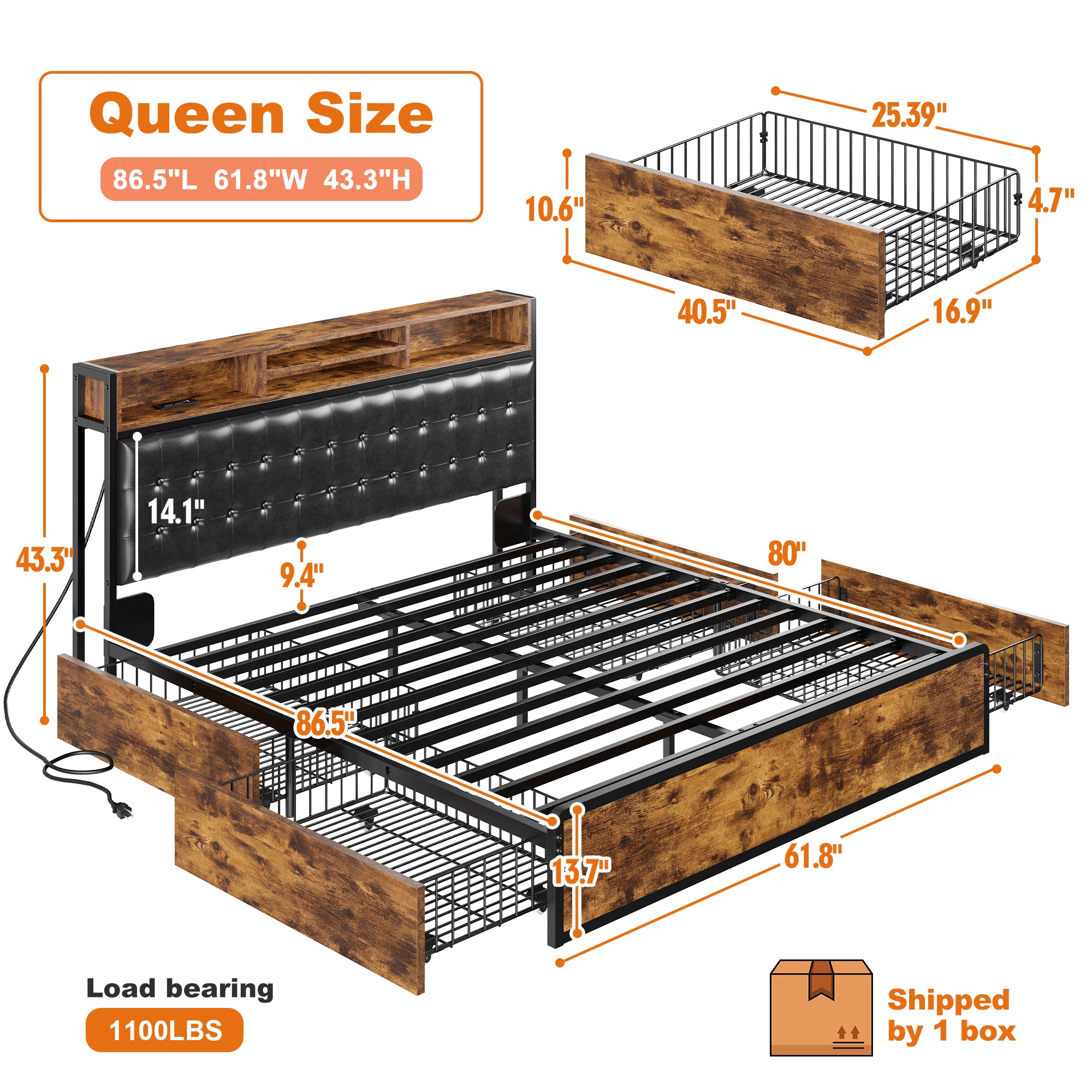 Snhomee Luxury Upholstered Bed Frame with 4 Storage Drawers & USB Charging - 1100LB Heavy Duty, Silent Design, No Box Spring Needed, Vintage Brown